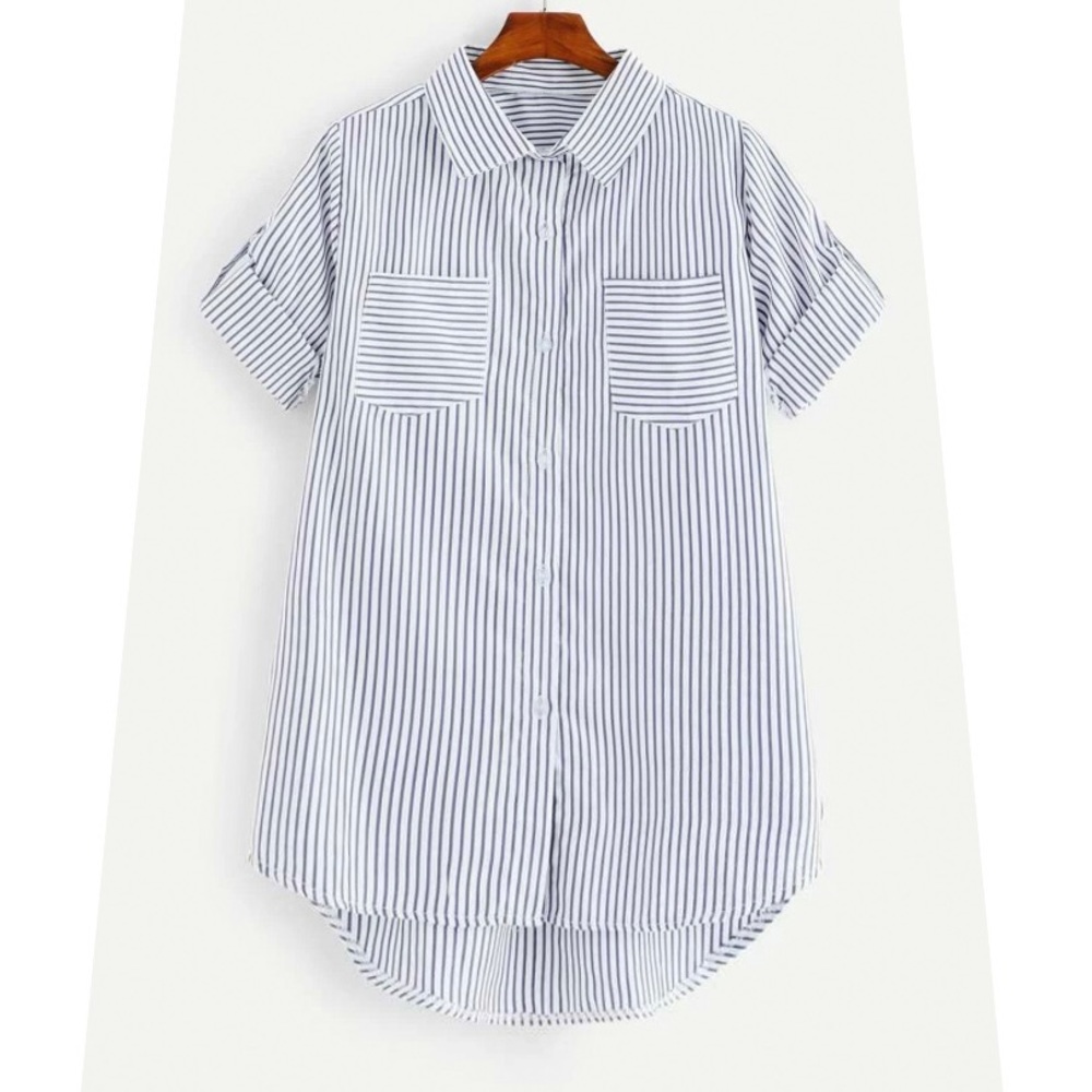 SHEIN Roll Tab Sleeve Pocket Patch Striped Shirt